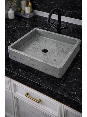 Taş Atölyesi Mermer Desenli Tezgah Üstü Kare Model Taş Lavabo 45 x 45 cm