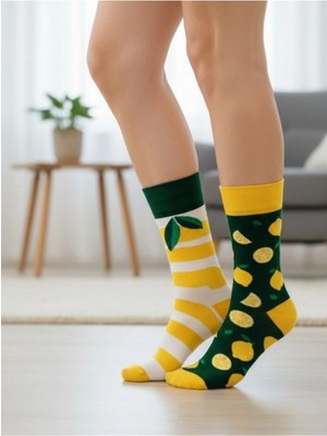 Aksu Çorap Sağlı Sollu Yaprak ve Limon Desenli Soket Çorap