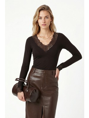 Ritnice Kadın Rave Dantelli Yarı Transparan Ultra Hafif Kahverengi Örme Bluz