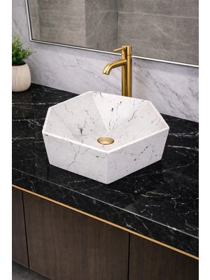 Taş Atölyesi Mermer Desenli Tezgah Üstü Altıgen Taş Lavabo 45 x 16 cm