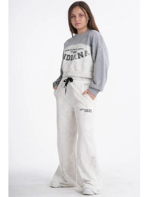 Haykids Kız Çocuk / Genç Kız Baskılı Gri Melanj Crop Sweatshirt ve Bol Paça Eşofman Altı Ikili Takım Beyaz-9 Yaş
