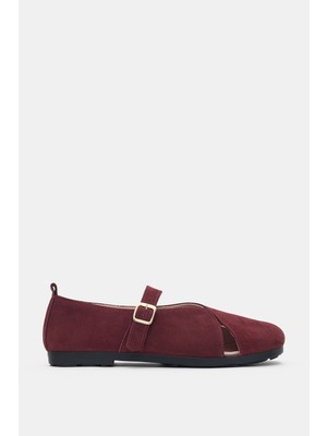 Selin Shoes Velien Hakiki Deri Ayarlanabilir Toka Detaylı Asimetrik Kesim Kadın Ayakkabı- Bordo