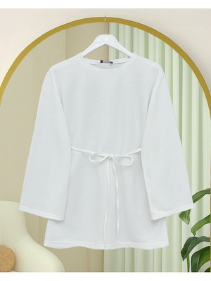 Modamorfo Yuvarlak Yaka Beli Bağlamalı Penye Tunik -Beyaz
