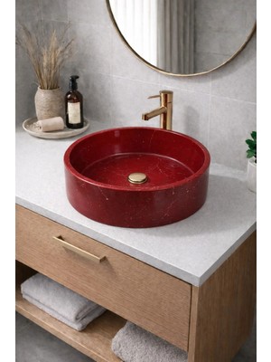 Taş Atölyesi Mermer Desenli Tezgah Üstü Yuvarlak Çanak Taş Lavabo 45 cm