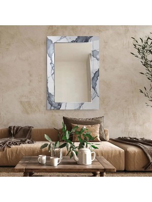 Glitglass Siyah Beyaz Mermer Desenli Cam Duvar Aynası - Modern Tasarım Dekoratif Salon Aynası