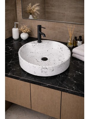 Taş Atölyesi Mermer Desenli Tezgah Üstü Yuvarlak Çanak Taş Lavabo 45 cm Musluk Delikli