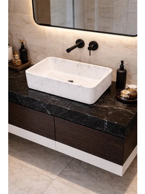Taş Atölyesi Mermer Desenli Tezgah Üstü Çiftlik Model Taş Lavabo 60 x 40 cm