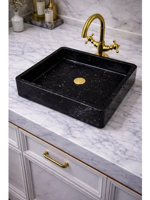 Taş Atölyesi Mermer Desenli Tezgah Üstü Kare Model Taş Lavabo 45 x 45 cm