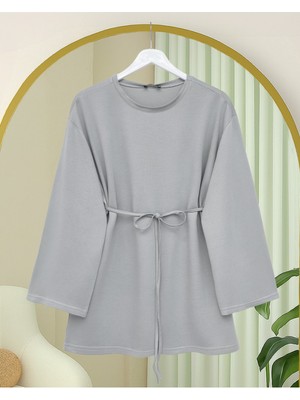 Modamorfo Yuvarlak Yaka Beli Bağlamalı Penye Tunik -Açık Gri