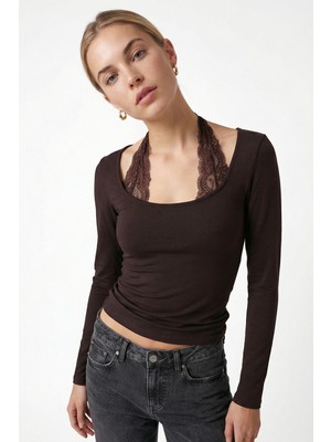 Ritnice Kadın Emma Dantel Detaylı Uzun Kollu Kahverengi Basic Top / Bluz