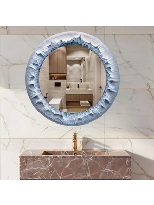 Glitglass Buzul Dokulu Beyaz Çerçeve Tasarımlı Yuvarlak Duvar Aynası