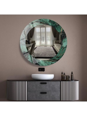 Glitglass Yeşil Mermer Desenli Modern Yuvarlak Ayna - Dekoratif Cam Duvar Aynası