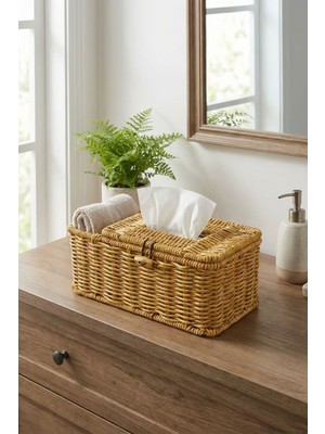 Plentiful ® Bölmeli Kapaklı Doğal Rattan Görünümlü Hasır Makyaj, Takı ve Havlu Düzenleyici – Peçetelikli