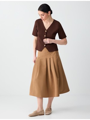 Jimmy Key Deve Tüyü Normal Bel Rahat Kesim Beli Fermuarlı Dokuma Midi Etek