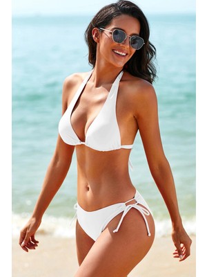 Liyuza Kadın Beyaz Belden, Boyundan Bağlamalı ve Ayarlanabilir Külotlu Üçgen Bikini Mayo Takımı