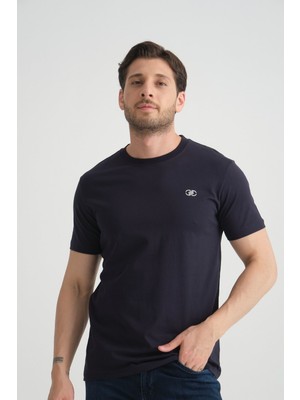 Lacivert  Erkek T-Shirt Nefes Alabilen Esnek Pamuklu Kumaş Regular Kalıp Minimal Logolu M