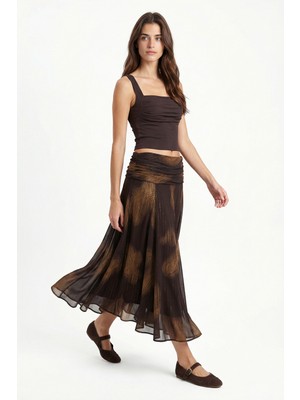 Ritnice Kadın Aura Şal Desen Tül Detaylı Midi Kahverengi Etek