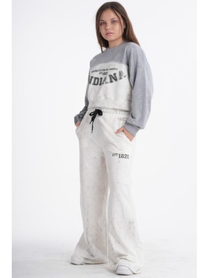 Haykids Kız Çocuk / Genç Kız Baskılı Gri Melanj Crop Sweatshirt ve Bol Paça Eşofman Altı Ikili Takım Beyaz-10 Yaş
