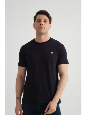 Lacivert Shooter Erkek Pamuklu Esnek T-Shirt  Standart Kalıp Minimal Logolu 2xl