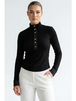 Allyco Düğmeli Balıkçı Yaka Uzun Kollu Regular Örme Sweatshirt