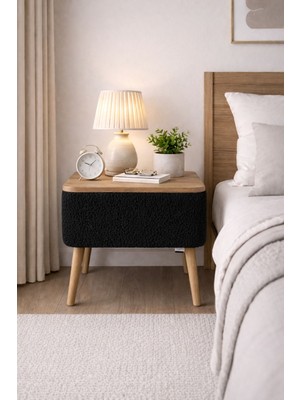 Own Home Nivo Sandıklı Komodin Modern Tasarım Teddy Kumaş Kaplamalı Ahşap Ayaklı Siyah Renkli