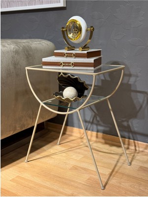 AssuCass Pars Metal Camlı Yan Sehpa Krem-Şeffaf