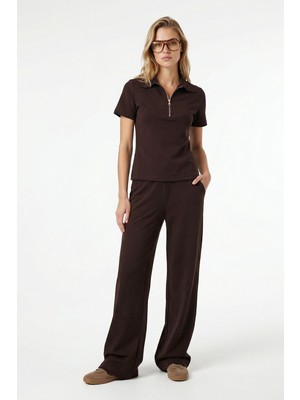 Ritnice Kadın Nola Modal Touch Fermuarlı Polo Yaka Bel Lastikli Cepli Kahverengi Alt Üst Takım