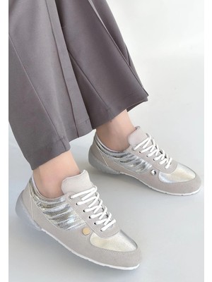 Mesga Butik Jawen Gri Nubuk Gümüş Detaylı Spor Ayakkabı