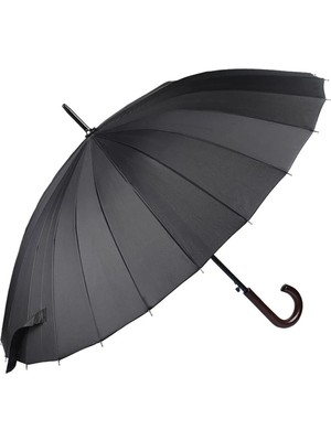 Belirtilmemiş 24 Tel Ultra Dayanıklı Şemsiye Rüzgara Dayanıklı Baston Tip Siyah