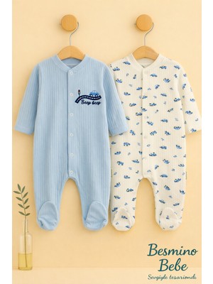 Besmino Erkek Bebek Tulum %100 Pamuk Araba Baskı Nakışlı 2'li Tulum