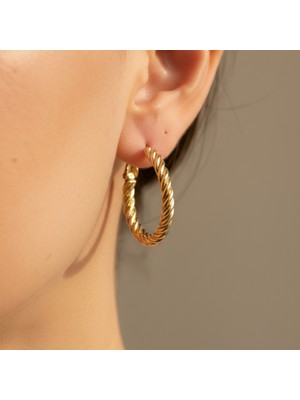 Norayn Burgu Halka Küpe Altın Renk | Kalın Twist Halka Kadın Küpe Parlak Metal Klasik Tasarım