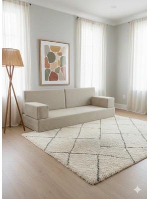 Bakırözü Home Premium Fitilli Kadife Kumaş, Modüler Dinlenme Koltuğu , Yer Yatağı ve Koltuk Takımı - Krem