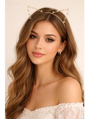 Gigi Giyim Zirkon Taşlı Metal Kedi Kulağı Kadın Taç