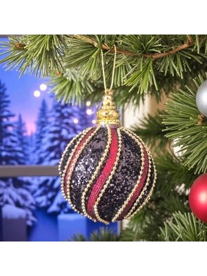 Skygo Lüks Yılbaşı Topu 8cm Altın Boncuk Şeritli Işıltılı Payetli Siyah - Bordo Çam Ağacı Süsü 3lü