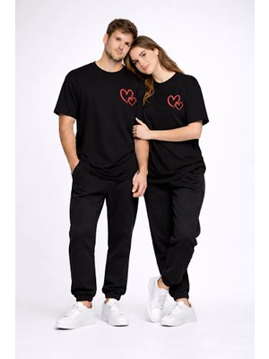 Nevermind Sevgili Kombini Kalp Baskılı Oversize Çift Tişört Unisex Uyumlu Partner Kombin Seti