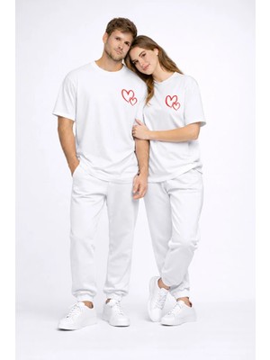 Nevermind Sevgili Kombini Kalp Baskılı Oversize Çift Tişört Unisex Uyumlu Partner Kombin Seti