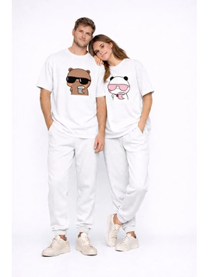 Nevermind Sevgili Kombini Panda Bardak Baskılı Çift Tişört Oversize Unisex Partner Kombin Çift Seti Hediye