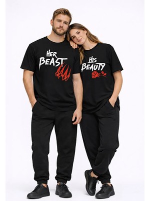 Nevermind Sevgili Kombini Her Beast His Beauty Oversize Çift Tişört Unisex Partner Couple Kombin Seti