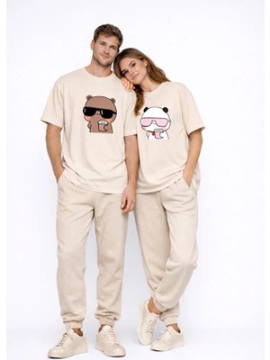 Nevermind Sevgili Kombini Panda Bardak Baskılı Çift Tişört Oversize Unisex Partner Kombin Çift Seti Hediye
