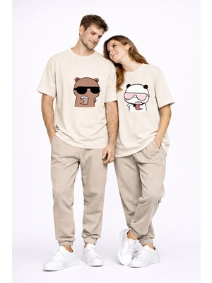 Nevermind Sevgili Çift Tişört Panda Karakter Baskılı Partner Kombini Oversize Unisex Stil