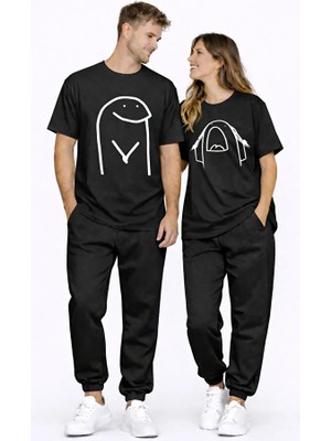 Nevermind Sevgili Kombini Çift Tişört Oversize Unisex Matching Couple Minimal Çizim Tasarım Çift Kombin Seti
