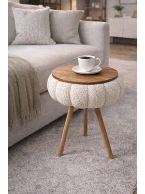 Own Home Papatya Teddy Kumaş Kaplamalı Ahşap Ayaklı Yuvarlak Zigon Sehpa , Yan Sehpa