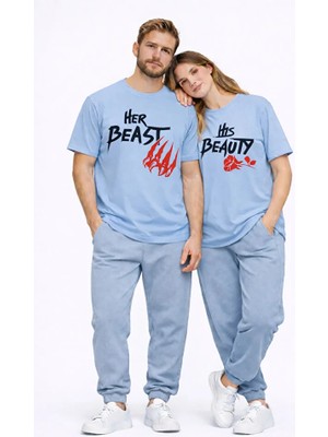 Nevermind Sevgili Kombini Her Beast His Beauty Oversize Çift Tişört Unisex Partner Couple Kombin Seti