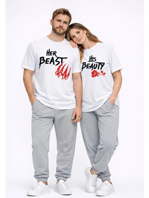 Nevermind Sevgili Kombini Her Beast His Beauty Oversize Çift Tişört Unisex Partner Couple Kombin Seti