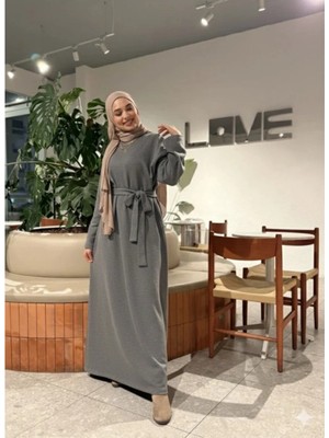 Modaco Selanik Kumaş Kuşaklı Basic Tesettür Elbise - Gri