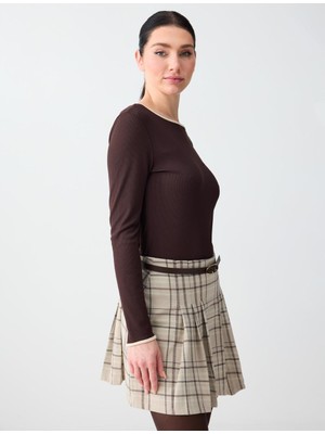 Jimmy Key Acı Kahve Düz Kesim Uzun Kollu Kayık Yaka Örme Bluz