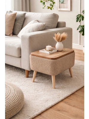 Own Home Nora Sandıklı Yan Sehpa, Teddy Kumaş Kaplamalı Ahşap Ayaklı Modern Yan Sehpa