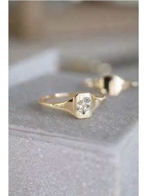 DMR Elegance 925 Ayar Gümüş Doğum Çiçeği Yüzüğü Altın Kaplama – Kişiye Özel Mühür Yüzük – Erk