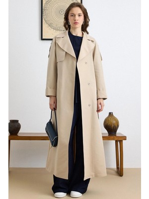 Olcay Apolet ve Pelerin Detaylı Astarsız Uzun Trençkot TAŞ 6808