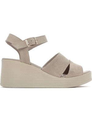 Derimod Kadın Gri Dolgu Topuklu Süet Deri Sandalet 26SFD180910